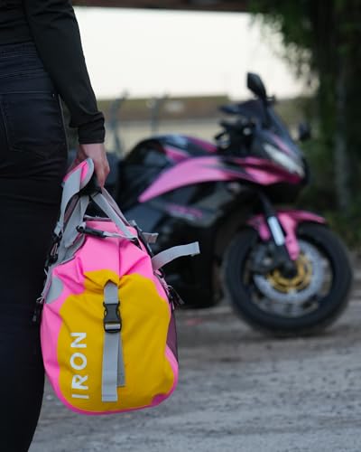 IRON JIA'S Motorcycle Dry Bag - Waterproof Duffle & Luggage Tail Bag Saddle Bags with Roll Top Closure, Shoulder Straps, Inner Pocket and Mesh Pocket (Pink, 50L) - color: Pink, size: 50L