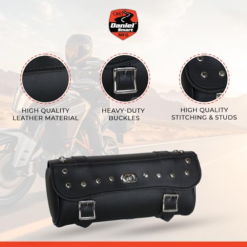Daniel Smart Large Two Strap Tool Bag - Waterproof and Durable Premium Synthetic Leather with Stunning Twist and Pin Buckle Lock Design with Studs - style: Motorcycle Tool Bag