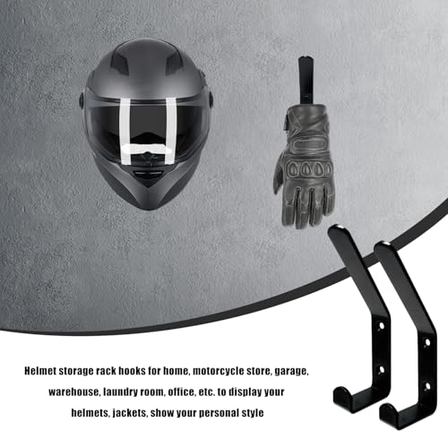 4PCS Motorcycle Helmet Holder Hook, Wall Mounted Motorbike Jacket Display Rack with Mounting Screws, Heavy Duty Metal C Style Double-Hook Rack for Helmets Clothes Bags
