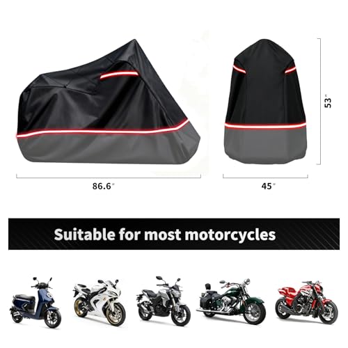 Full Enclosed Motorcycle Cover - Waterproof for Outdoor & Indoor Storage, Heavy 600D Duty with Reflective Strips, Fits Scooters & Touring Motorcycles up to Length86.6" x 45" x 53"Black&Gray - size: 86.6"L-45"W-53"H