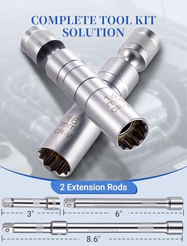 14mm & 16mm Magnetic Swivel Spark Plug Socket Set with 3 Inch & 6 Inch 3/8" Drive Extension Rods, Automotive Spark Plug Remover Installer Kit, Compatible with Most Vehicles, Car Repair Tool Combo - size: 4 Packs
