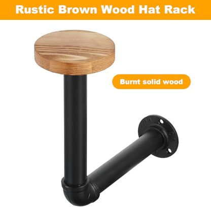 Cowboy Hat Rack -2 Pack Black Metal Pipe & Brown Wood Wall-Mounted Hat & Wig Holder, Hanging Motorcycle Helmet Holder Rack, Rustic Wood Helmet Hooks, Easy Storage for Coats, Hats, Caps