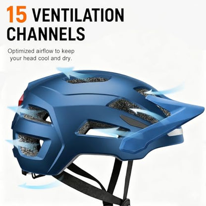 Bike Helmet, Helmets for Adults Men, Front and Back LED Lights Safe Certified MTB Road Bicycle Helmet with Adjustable Brim - color: Metal Blue, size: M (55-58cm)