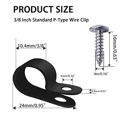 mankk 100PCS 3/8 Inch Rope Light Clips P-Style Mounting Clips Plastic Cable Clamps with Compatible Stainless Steel Pan Head Phillips Screws for Wire Management M-032-BK-LS - size: 100 Pack 3/8Inch