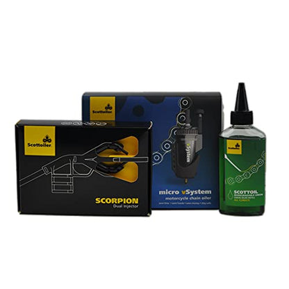 Scottoiler Essentials Micro vSystem Automatic Motorcycle Chain Lubrication System & Scorpion Dual Injector - Twin Feed applicator with 4.2fl.oz Biodegradable Green Scottoil Refill Bundle