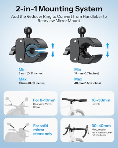 OMOTON BK01 Anti-Vibration Phone Mount, Quick Lock Shockproof Bike & Motorcycle Phone Holder, Fits iPhone & Android for Riders on E-Bike, Stroller, Scooter, Fits Handlebars & Rearview Mirror, Black - color: 1-Black