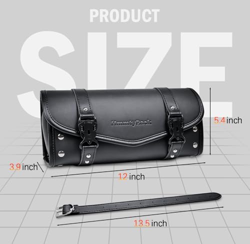Motorcycle Tool Fork Bag Waterproof PU Leather Roll Bag Universal Front Fork Handlebar Sissybar Storage Suitable for Harley Honda Suzuki Kawasaki (Black Classic Buckle)