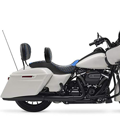 C.C. RIDER Classic Motorcycle Touring Seat Set- Passenger Backrest PAD Rider Sissy Bar for Harley Davidson Touring Road King Street Glide Road Glide Electra Glide CVO 2009-2023 - color: Black Blue Rider Seat + Backrest