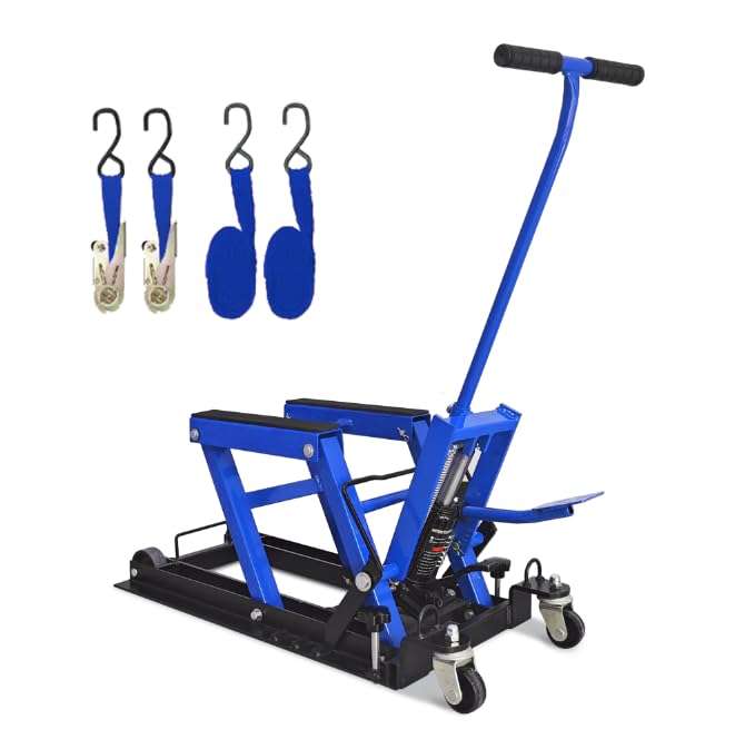 Hydraulic Motorcycle Lift Jack, 1500 LBS Capacity, ATV Scissor Lift Jack Portable Motorcycle Lift Table with 4 Casters, Hydraulic Foot-Operated Hoist Stand for Motorcycle ATV UTV Powersports, Blue