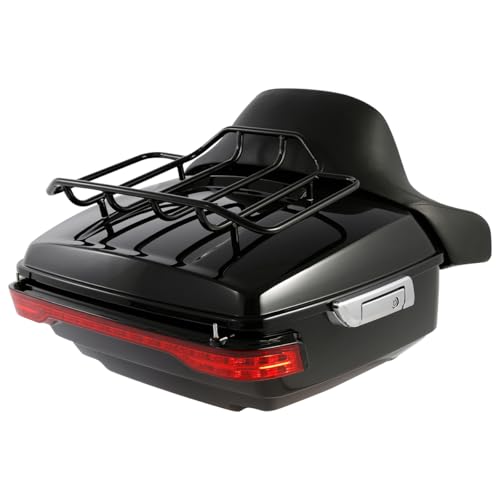 SLMOTO Vivid Black King Tour Trunk Kit, Tour Trunk+Luggage Rack+Backrest+Red LED Brake TailLight Accent For Harley Davidson Touring Road King, Road Glide, Street Glide and Select CVO Models 2014-2024 - color: AStyle #07
