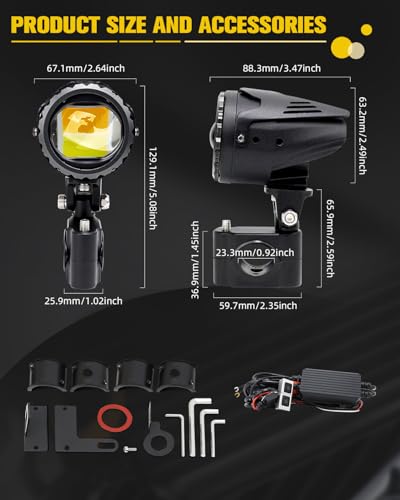 BraveWAY 60W 20000LM Motorcycle Fog Lights, LED Motorcycle Auxiliary Lights, 7 Modes Driving Light with White Amber Strobe Flash Mode, Plug and Play with Wiring Harness Kit and 2 Mounting Brackets - color: Moto-T5-1 LENS