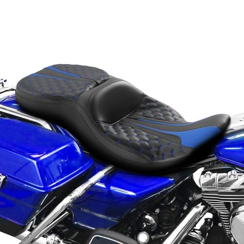 SLMOTO Black Blue Passenger Seat Motorcyle Rider Seat 2-Up Fit For Harley Electra Glide Ultra Classic Standard FLHTC 1997-2007 - style: Blue and Black