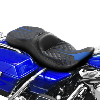 SLMOTO Black Blue Passenger Seat Motorcyle Rider Seat 2-Up Fit For Harley Electra Glide Ultra Classic Standard FLHTC 1997-2007 - style: Blue and Black
