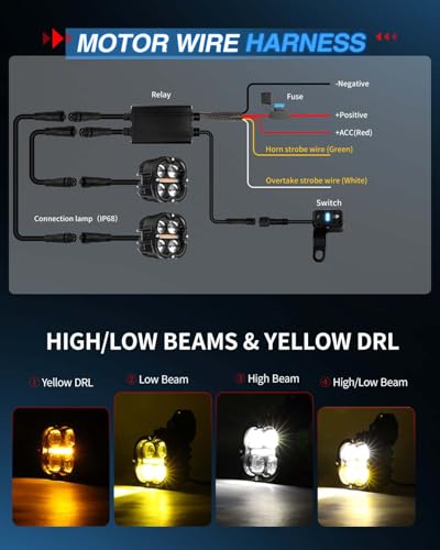 BraveWAY 3 Inch Motorcycle Driving Lights 120W LED Fog Lights with DRL 4 Strobe Modes Amber & White Beams LED Auxiliary Spotlights with Mount Brackets Wire Harness for Motorcycle ATV Night Riding UTV - size: 3INCH-4-H