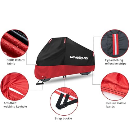 NEVERLAND Motorcycle Cover Waterproof Outdoor, 300D Motorcycle Cover Heavy Duty Outdoor All Season Protection, Universal Motorbike Cover with Night Reflective, Lock-Holes, Storage Bag (Up to 86") - size: L