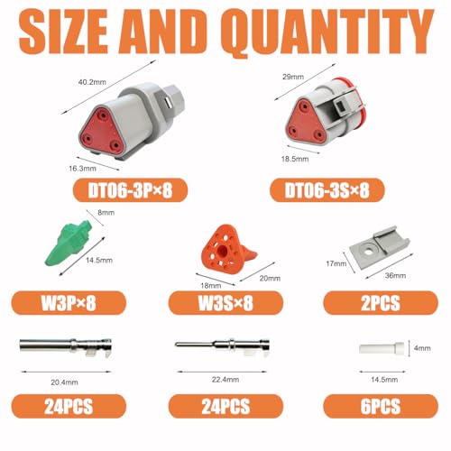 Deutsch DT Grey 3 Pin Connector 8 Sets kit, Waterproof Electrical Wire Connector with Size 16 Stamped Contacts and Seal Plug for Truck, Off-Road Vehicles, Agriculture, Marine, Motorcycle Wiring - size: 3 Pin (8set)