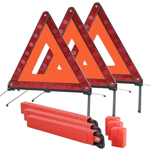3Pack Safety Triangles Kit, Reflective Triangles Roadside, Standard Emergency Triangles with Case Warning Triangles for Vehicles Breakdown