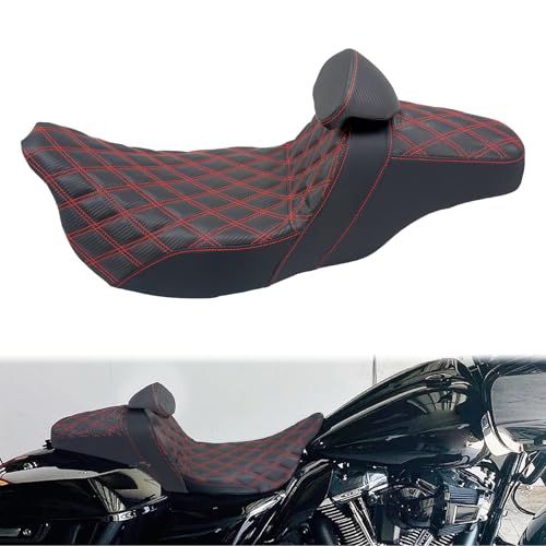 One-Piece Driver Passenger Seat Motorcycle 2-up Seat With Driver Backrest Cushion Pad Fit for Harley Touring Electra Glide Road King Road Glide Street Glide 2009-2023 (Red Stitching) - color: Red Stitching w/Driver Backrest
