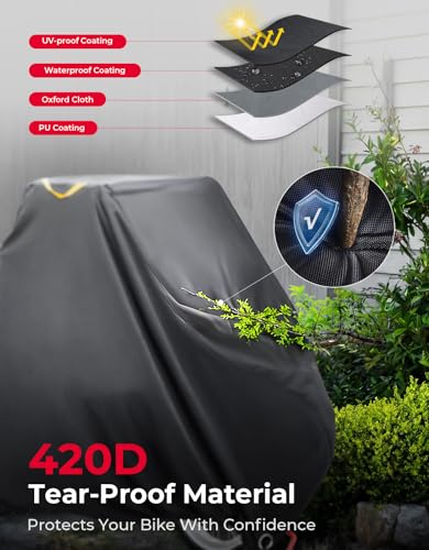 KEMIMOTO Bike Cover Outdoor, 420D Heavy Duty Trike Covers Larger Cargo Bicycle Rain Covers Storage Waterproof UV Protection Windproof Folding, Ebike Tarp for Adult Tricycles, Cargo 3 Wheel Bikes