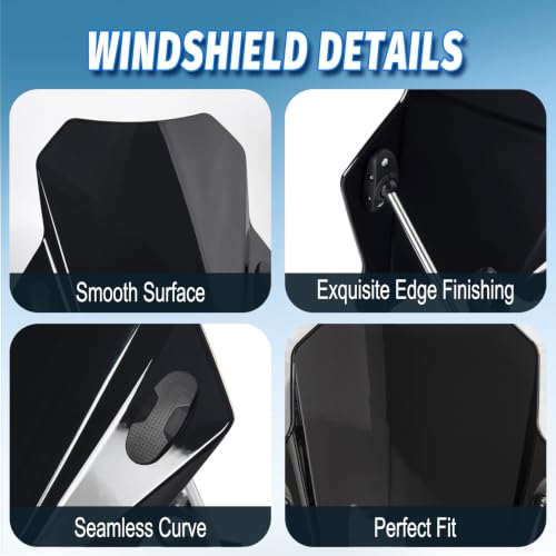 Motorcycle Universal Windshield 16.7” Windscreen Compatible with Yamaha Harley Honda Kawasaki Suzuki BMW Vulcan Cruiser Wind Deflector with 7/8" 1" 1 1/8" Handlebars, Black - color: Black