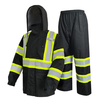 KARXICIY ZUJA Hi Vis Reflective Safety Jacket for Men Women Construction Jacket with Hood High Visibility Safety Rain Jacket - color: Black Rain Suit, size: Small