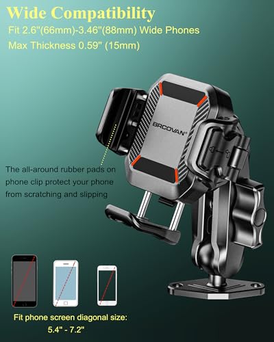 BRCOVAN Anti-Theft Phone Mount Holder with Vibration Dampener, 1s Locking | Don't Block Camera, with Aluminum Diamond Base & Medium Arm, for Car Boat Truck Motorcycle UTV, Fit 5.4-7.2'' Smartphones