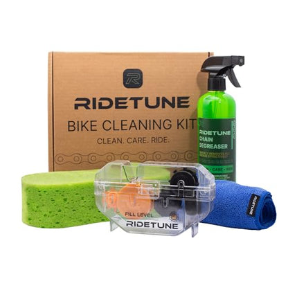 Bike Chain Cleaner Kit - 4-Piece Bicycle Chain Cleaning Tool with 500ML Biodegradable Degreaser, Microfiber Cloths & Sponge for Road, MTB, Gravel & E-Bike Drivetrain Maintenance