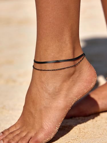 U7 Silver/Gold Ankle Bracelets for Women Layered Chain Anklets Stainless Steel Waterproof Summer Beach Anklet Cham, Adjustable 8.5"-10.5" - color: Black - Flat Snake Chain+Paperclip Chain