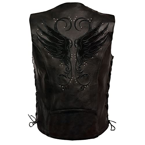 Milwaukee Leather MLL4505 Women's Black Leather Side Lace Motorcycle Rider Vest- Reflective and Studded Black Wings - color: Black, size: 3X-Large