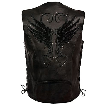 Milwaukee Leather MLL4505 Women's Black Leather Side Lace Motorcycle Rider Vest- Reflective and Studded Black Wings - color: Black, size: Small