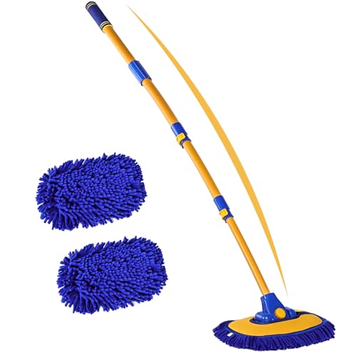 anngrowy 56.7" Car Wash Brush Mop Kit Mitt Sponge with Long Handle Car Cleaning Supplies Kit Tools Car Washing Duster Exterior Scratch Free, Chenille Replacement Head Extension Pole - color: Blue
