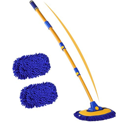 anngrowy 56.7" Car Wash Brush Mop Kit Mitt Sponge with Long Handle Car Cleaning Supplies Kit Tools Car Washing Duster Exterior Scratch Free, Chenille Replacement Head Extension Pole - color: Blue