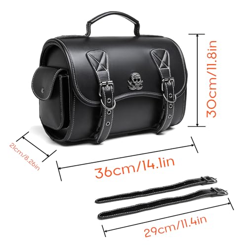Rogierra 14.9L Motorcycle Fork Tool Bag With 2 Mounting Straps,PU Leather Roll Saddlebag For Front Fork, Handlebar & Sissy Bar Storage,Large Capacity Waterproof Fork Bag(Black, Metal Skull Pattern) - style: Metal Skull Badge