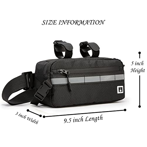 ROYALFAIR Waterproof Bike Handlebar Bag with Reflective Strips & Shoulder Strap, Bicycle Front Frame Storage Pouch for Mountain Road Cycling Commuting (Black) - color: Black
