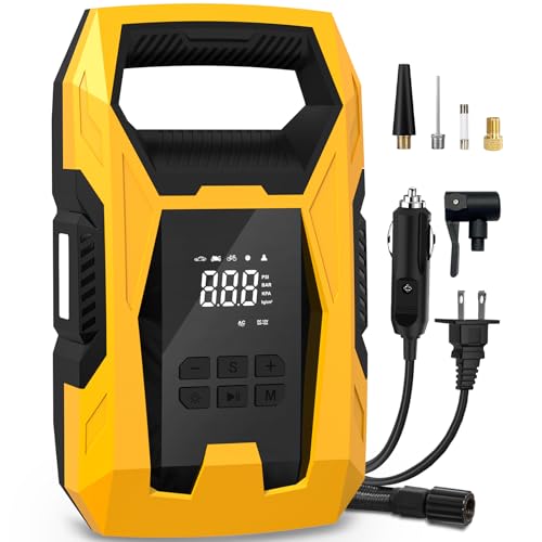 CARSUN AC/DC Tire Inflator Portable Air Compressor, Dual Power for Home 110V AC and Car 12V DC Air Pump with Pressure Gauge, Auto Shutoff, Tire Pump for Car Motorcycle Bicycle and Other Inflatables - color: Yellow