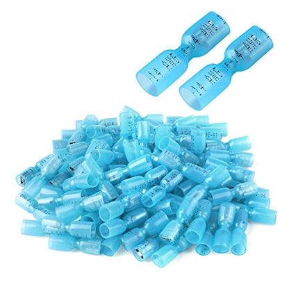 100 PCS 16-14 AWG Waterproof Heat Shrink Quick Disconnect Connectors, Crimp Electrical Wire Female Spade Connectors Insulated Disconnect for Marine Automotive Motorcycle Home Wiring (Blue) - size: [16-14 AWG] Female x 100