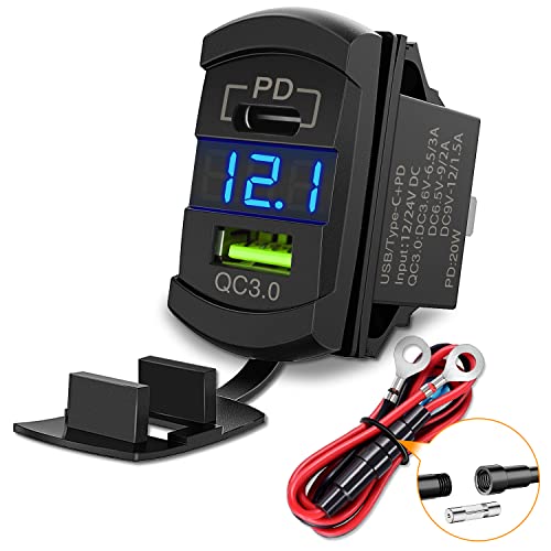 Nilight Rocker Switch Style USB Outlet LED Voltmeter Quick Connector 12V PD Type C and USB QC 3.0 Cars Replacement with Inline Fuse for Switches Panel on Boats RV Truck Car - color: Type C + USB Voltmeter Blue