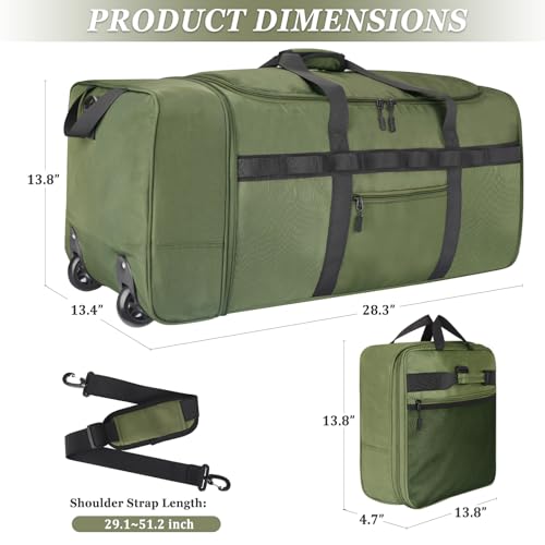 Rolling Duffle Bag with Wheels, 85L Expandable Rolling Duffel Bag for Travelling, Extra Large Foldable Carry on Travel Duffle Bag for Men - color: Green