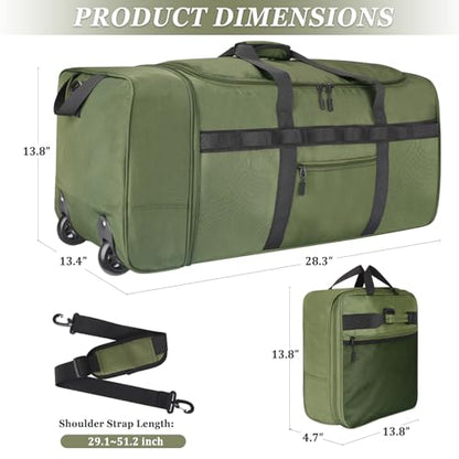 Rolling Duffle Bag with Wheels, 85L Expandable Rolling Duffel Bag for Travelling, Extra Large Foldable Carry on Travel Duffle Bag for Men - color: Green