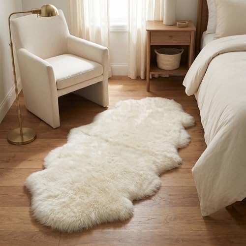 Real Sheepskin Rug 2' x 6' Double Pelt – Natural Genuine Sheep Skin for Bedside/Accent, Soft & Plush - Throw Rugs for Bench/Chair - All Natural Non-Dyed Color - color: Natural (Yellow Undertones), size: 2' x 6' (Natural)