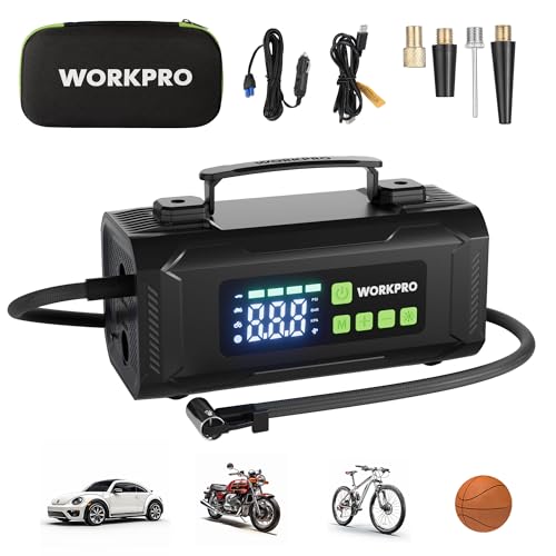 WORKPRO Tire Inflator Portable Air Compressor, 12V Electric Air Pump 150PSI for Car Tires with Pressure Gauge, 3X Faster Portable Tire Inflator for Car Motorcycle Bicycle Ball with Dual Power Supply