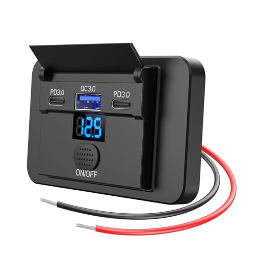 3 Port 12V USB Outlet Surface Mount Lightweight with Voltmeter, Dual USB C 30W and QC 18W Car USB Port 12 Volt Cigarette Lighter Replacement Charger Socket Panel with Button Switch for RV Bus Marine - color: 1 pack