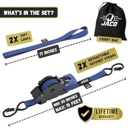 JACO Retractable Ratchet Straps - 1 in x 15 ft (2-Pack) (1,760lbs Break Strength) | Auto Self Retracting Cargo Tie Down Strap Set (Blue) - color: Blue, size: 2-Pack