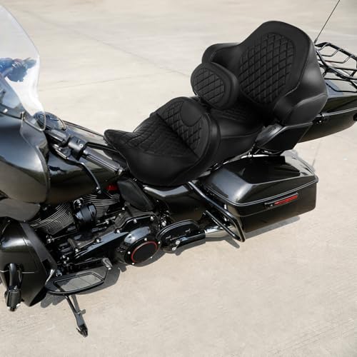 Roadsofa Standard Reach Seat Gel Rider Cushion with Rider Backrest and King Tour Pack Trunk Backrest Pad fit for Harley Touring Road King Street Glide Road Glide Electra Glide 2014-2023 Black Black - color: Gel Style B Black Seat + 2 Backrest