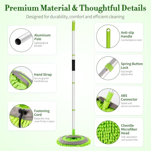 Car Wash Brush with Long Handle - 62" Car Wash Kit with Chenille Microfiber Cleaning Brush, Car Washing Mop with 3 Replacement Mitts, Scratch-Free Scrub Washer Wand for Vehicles, RV, Truck Green - color: Green