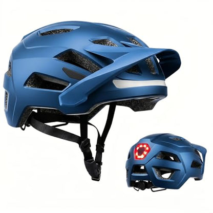 Bike Helmet, Helmets for Adults Men, Front and Back LED Lights Safe Certified MTB Road Bicycle Helmet with Adjustable Brim - color: Metal Blue, size: M (55-58cm)