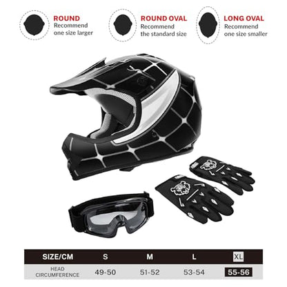 SLMOTO Youth Kids Motocross Offroad Street Helmet DOT Safety Youth Kids Helmet Dirt Bike Offroad Motorcycle Goggles Gloves - color: Black Spiders, size: X-Large