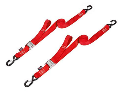 PowerTye Cam Buckle Tie Down Straps – 2 inch x 12ft Straps with Latch Hooks – Ideal for Motorcycle, ATV, Trailers, and Truck Bed Cargo – 600 lb WLL & 1,800 lb Break Strength – USA Made, Red (Pair) - color: Red