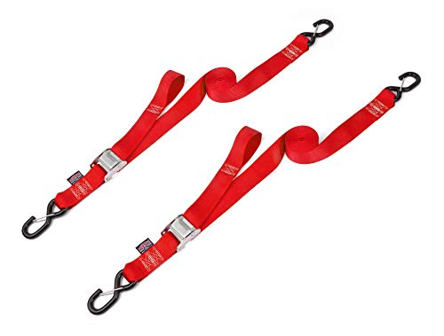 PowerTye Cam Buckle Tie Down Straps – 2 inch x 12ft Straps with Latch Hooks – Ideal for Motorcycle, ATV, Trailers, and Truck Bed Cargo – 600 lb WLL & 1,800 lb Break Strength – USA Made, Red (Pair) - color: Red