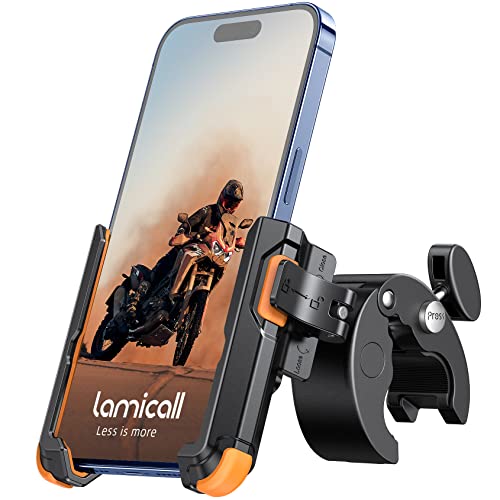 Lamicall Motorcycle Phone Mount Holder - [Camera Friendly] [1s Lock] Bike Phone Holder Handlebar Clamp, Bicycle Scooter Phone Clip, for iPhone Air, 17, 16, 15 Pro Max, Galaxy, 4.7-7" Phones, Orange - color: Orange